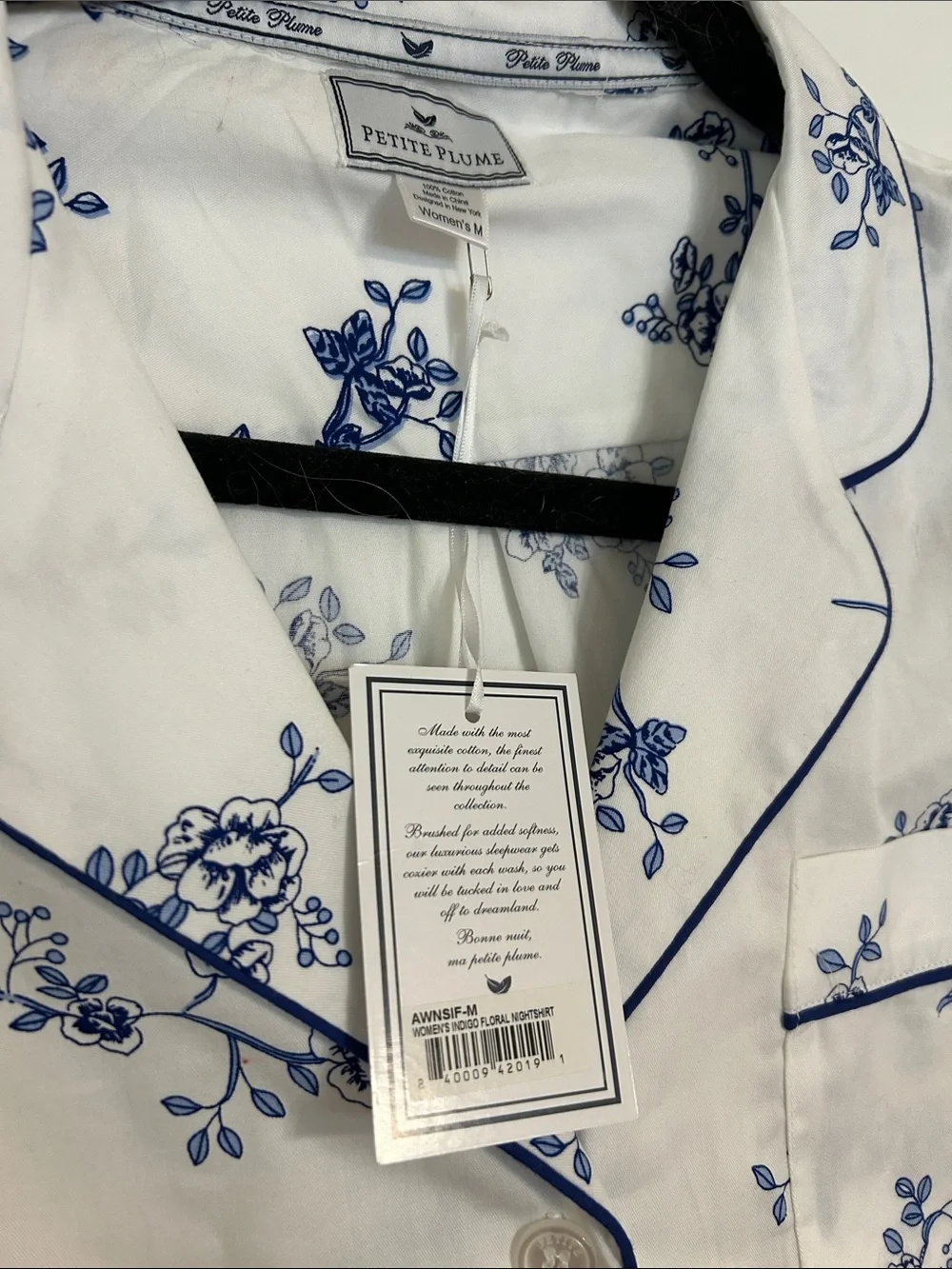 Classic White Nightshirt with Blue Floral Print - Elegant Button-Front Pajama